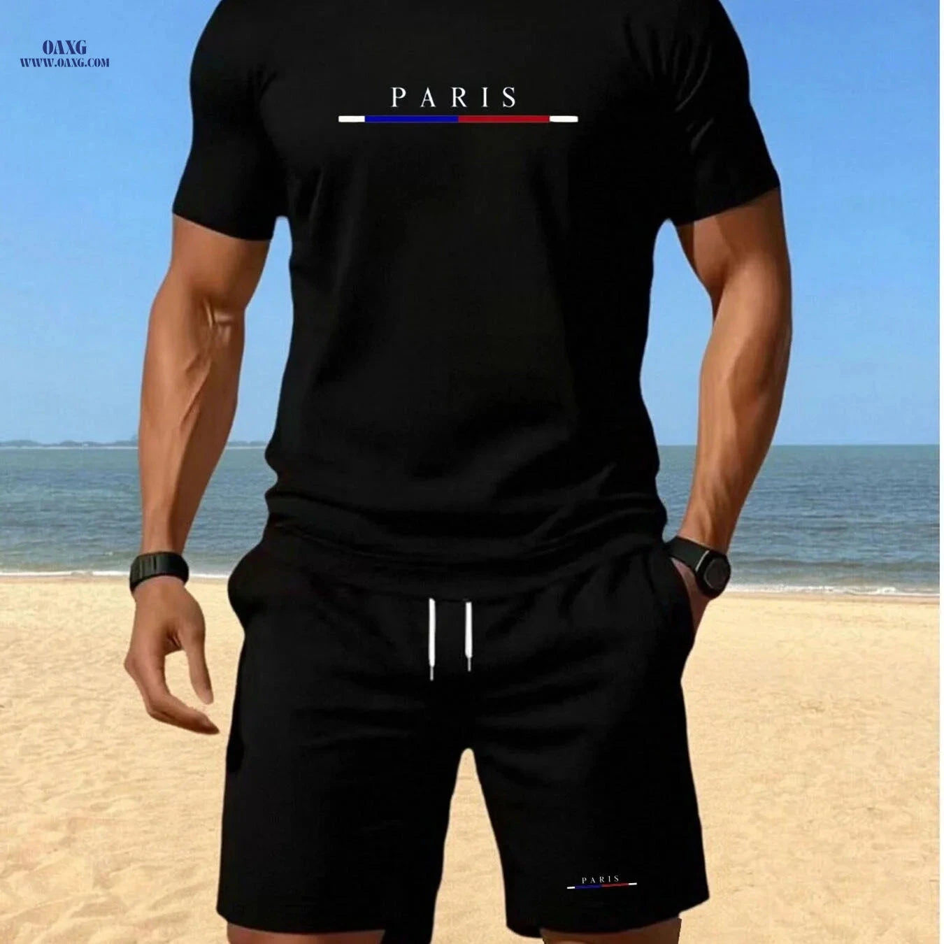 Men's Summer Short Sleeve and Shorts Set - Lightweight, Geometric Print   OAXG White / FR S