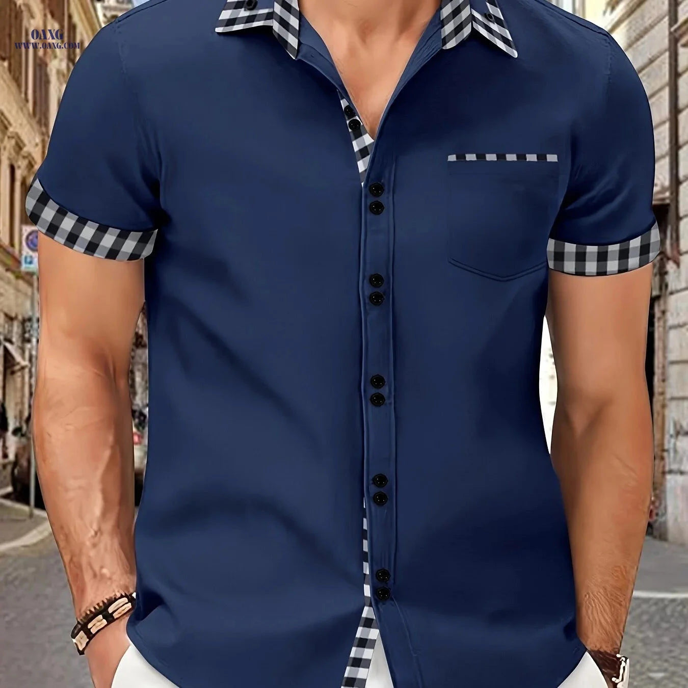 Men's Summer Short-Sleeve Plaid Shirt with Patch Pocket - Casual Style   OAXG 