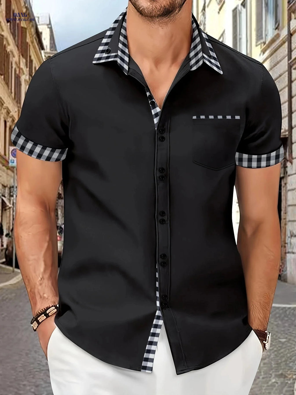 Men's Summer Short-Sleeve Plaid Shirt with Patch Pocket - Casual Style   OAXG 