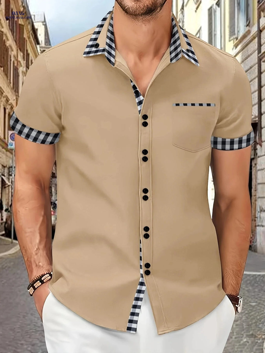 Men's Summer Short-Sleeve Plaid Shirt with Patch Pocket - Casual Style   OAXG 