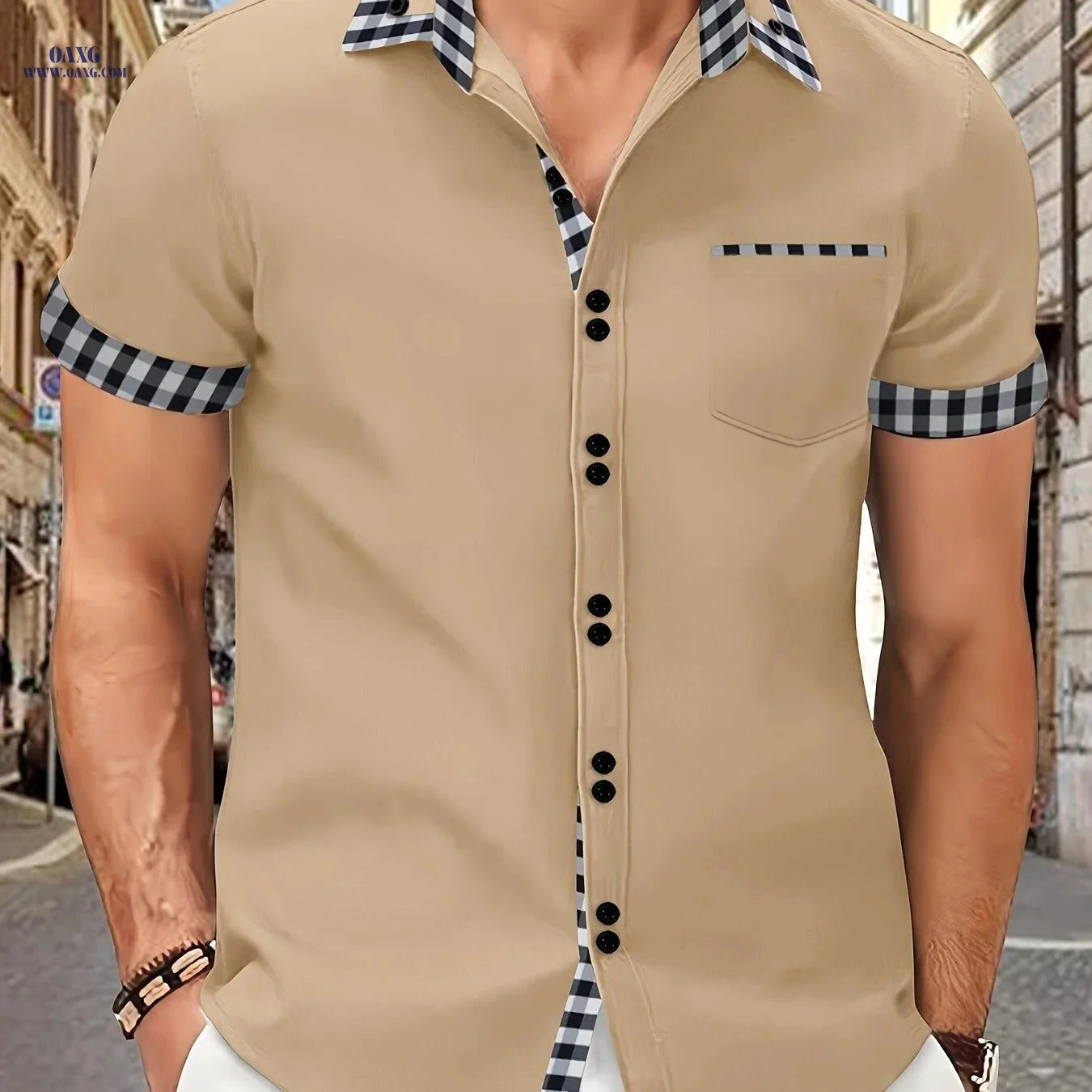 Men's Summer Short-Sleeve Plaid Shirt with Patch Pocket - Casual Style   OAXG 