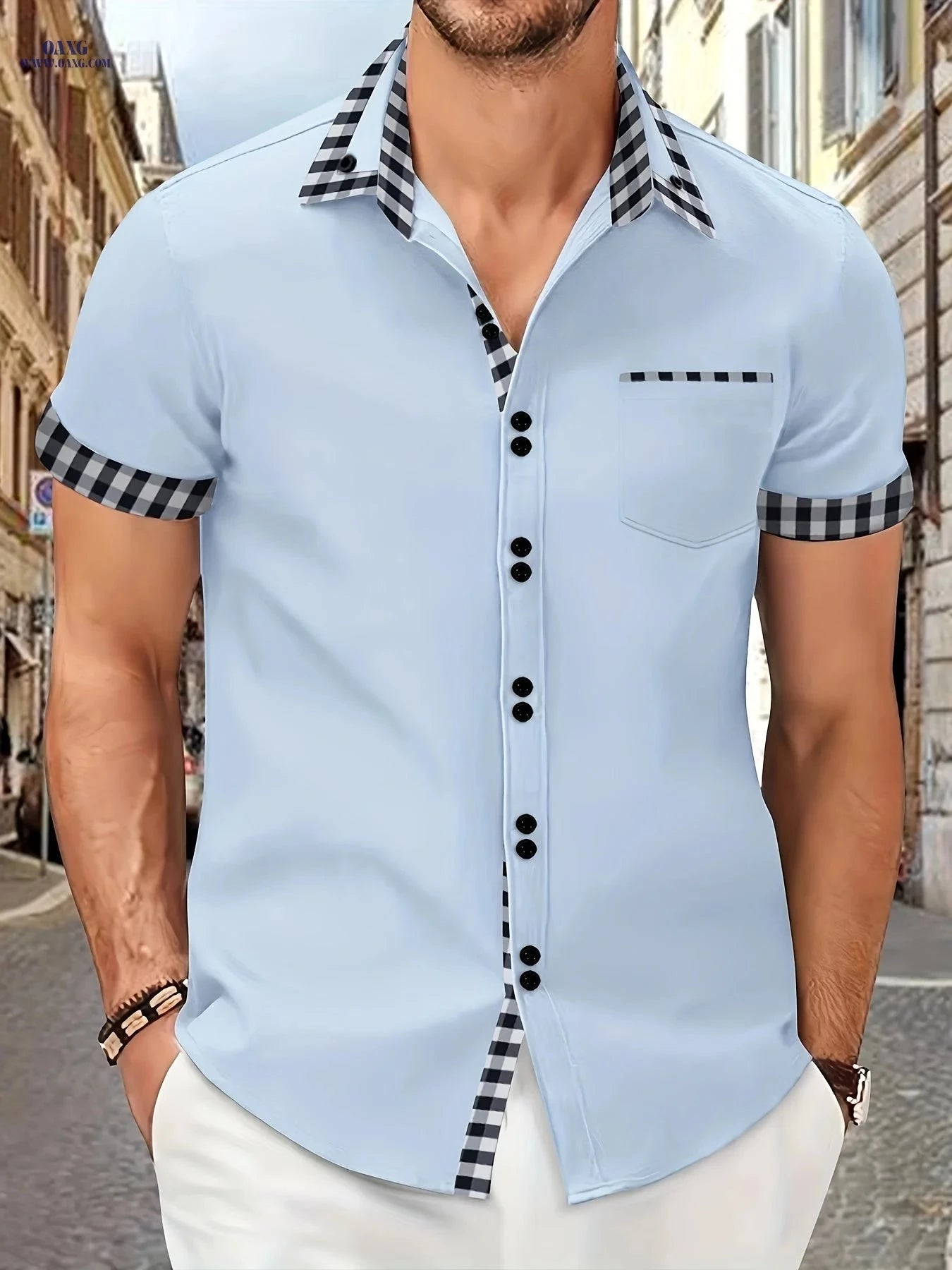 Men's Summer Short-Sleeve Plaid Shirt with Patch Pocket - Casual Style   OAXG 