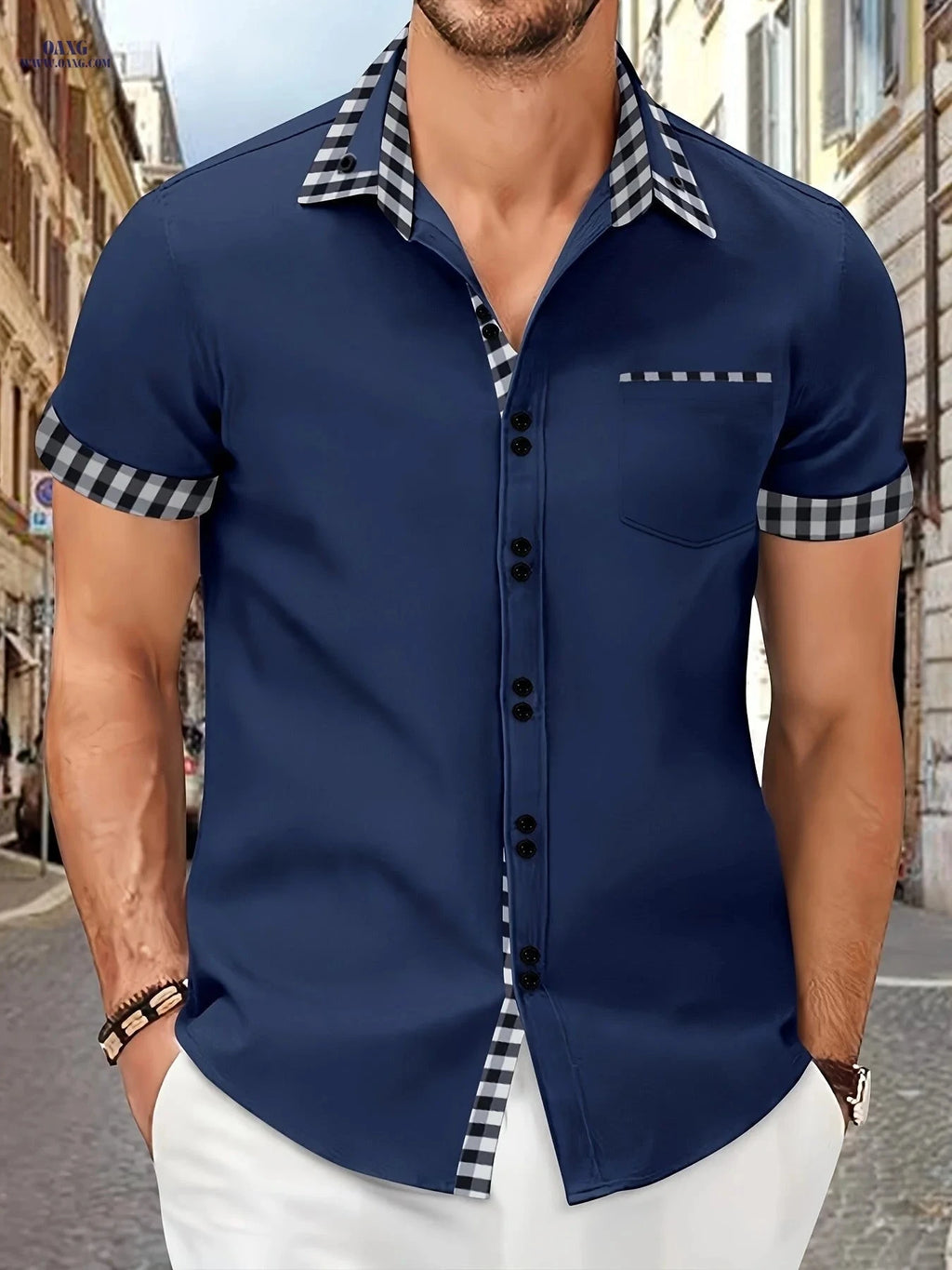 Men's Summer Short-Sleeve Plaid Shirt with Patch Pocket - Casual Style   OAXG 