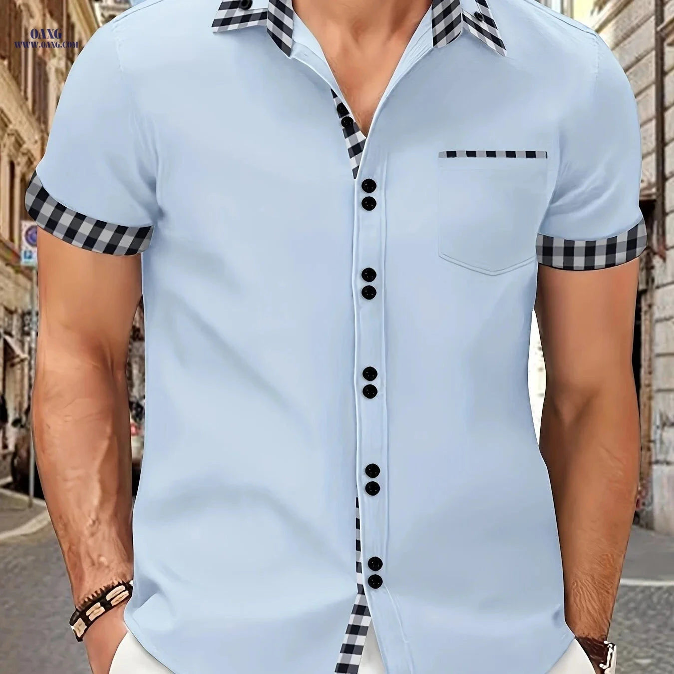 Men's Summer Short-Sleeve Plaid Shirt with Patch Pocket - Casual Style   OAXG 