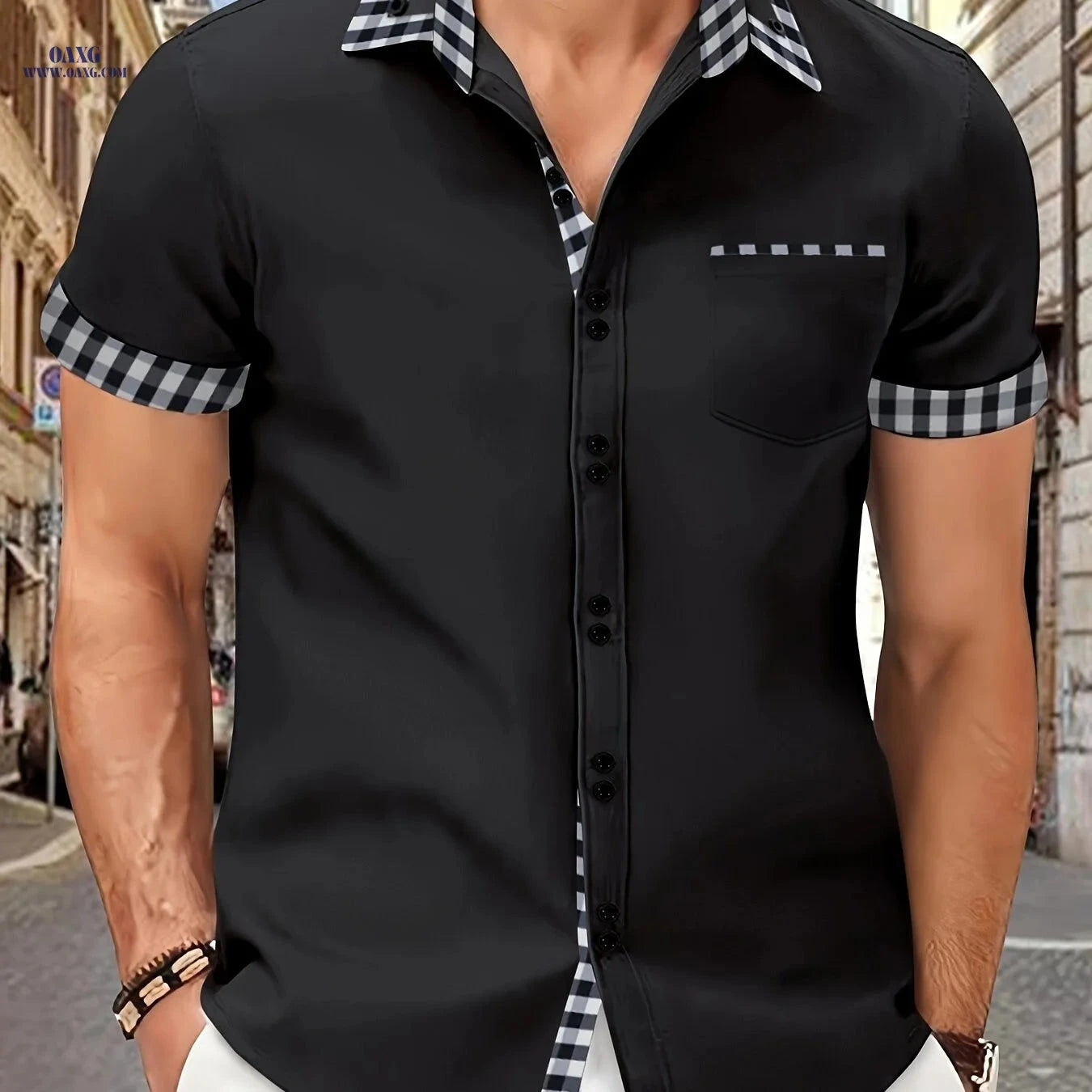Men's Summer Short-Sleeve Plaid Shirt with Patch Pocket - Casual Style   OAXG 
