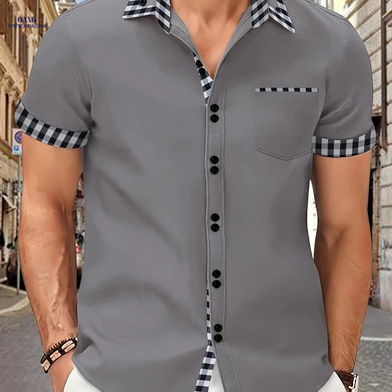 Men's Summer Short-Sleeve Plaid Shirt with Patch Pocket - Casual Style   OAXG White / FR S