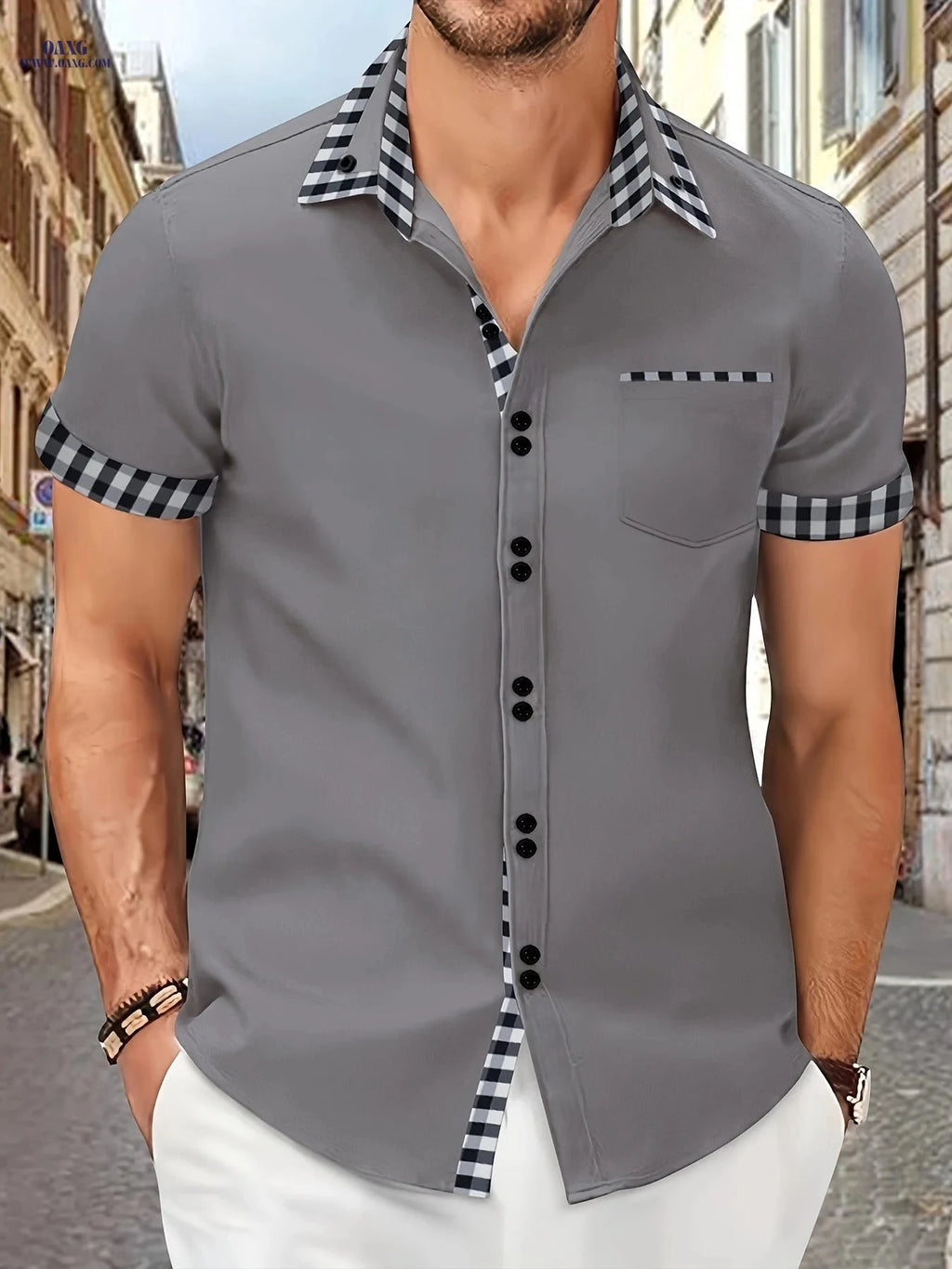 Men's Summer Short-Sleeve Plaid Shirt with Patch Pocket - Casual Style   OAXG White / FR S
