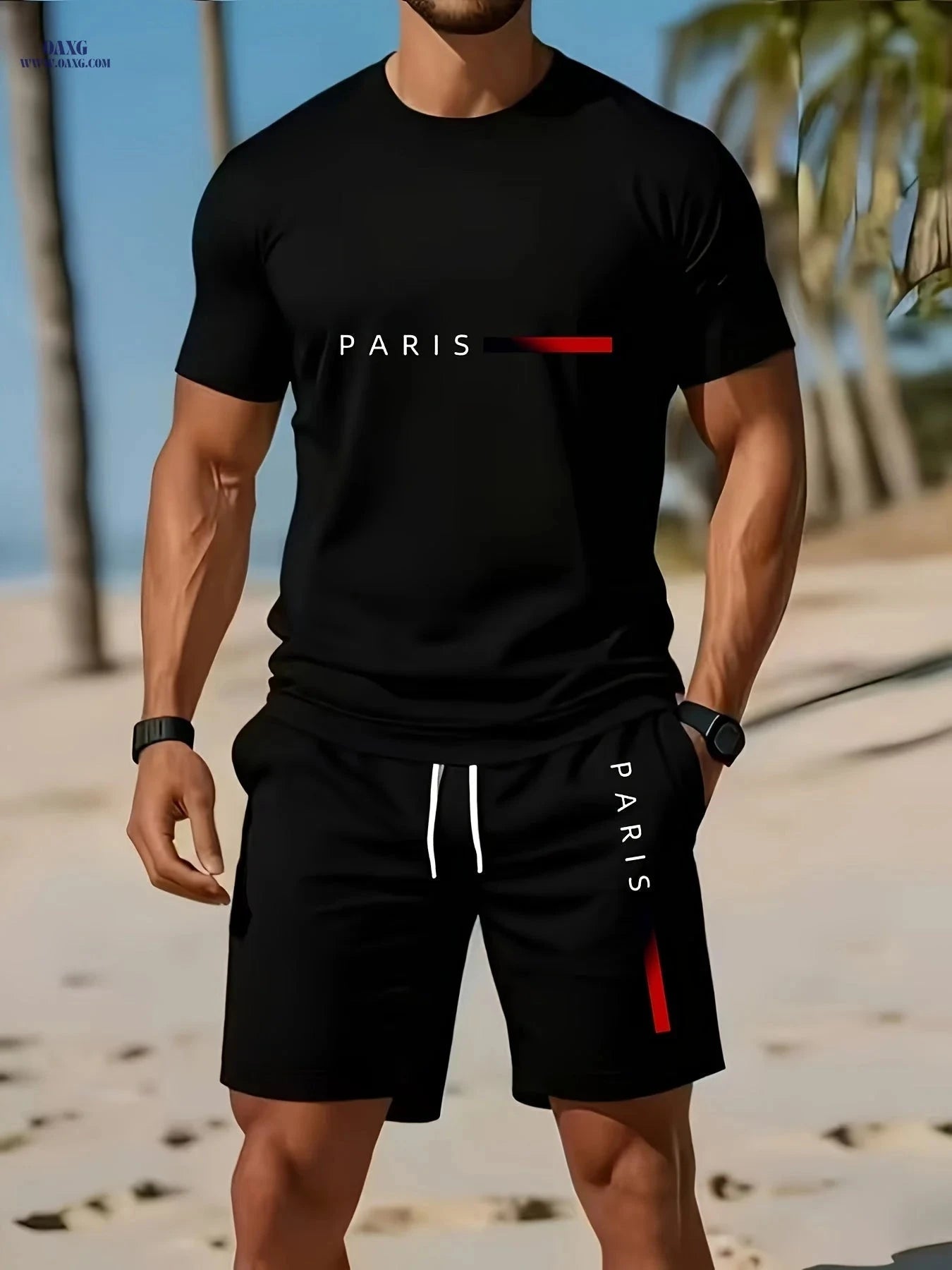 Men's Summer Short-Sleeve T-Shirt Sports Set - Casual Print Design   OAXG Navy Color / FR S
