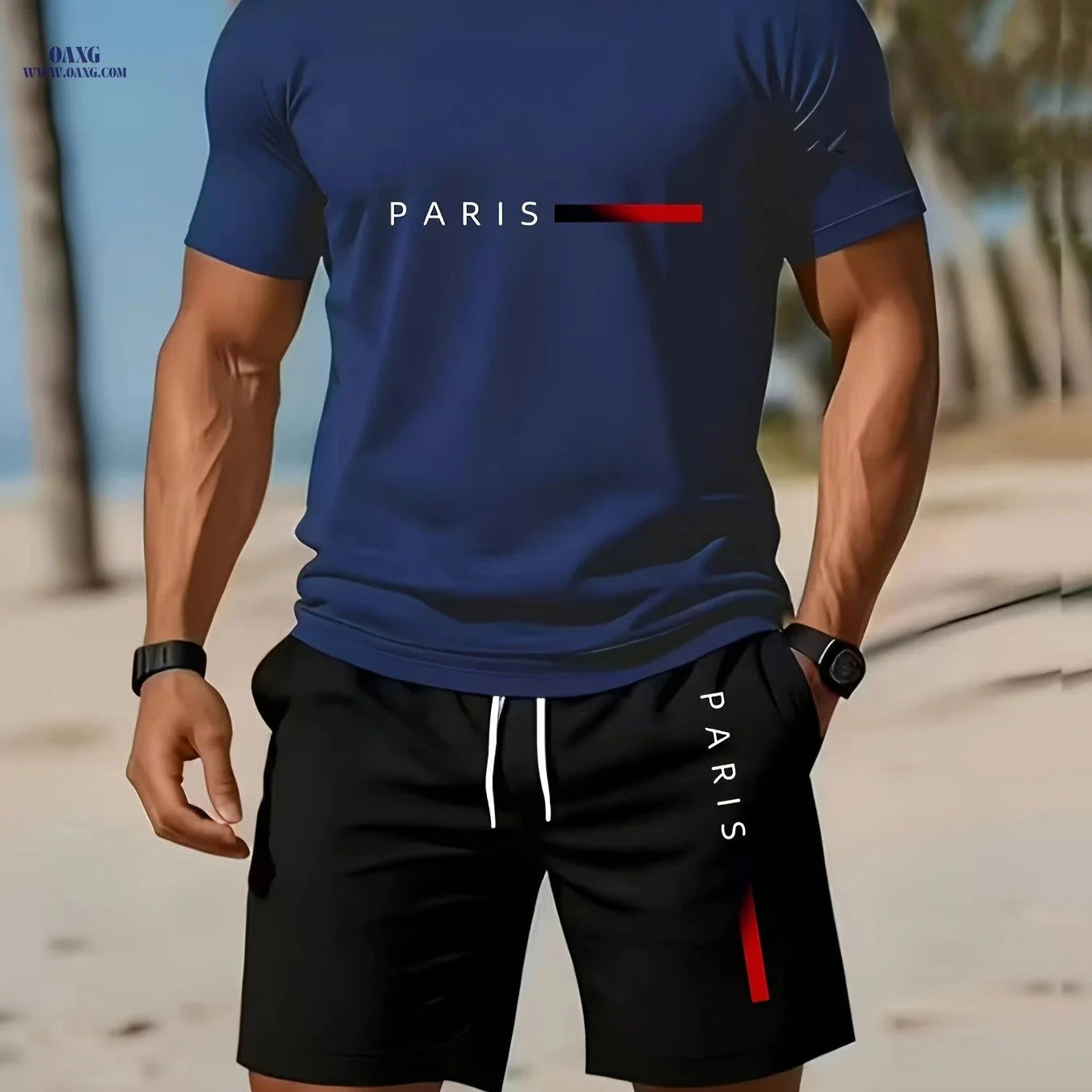 Men's Summer Short-Sleeve T-Shirt Sports Set - Casual Print Design   OAXG Navy Color / FR S