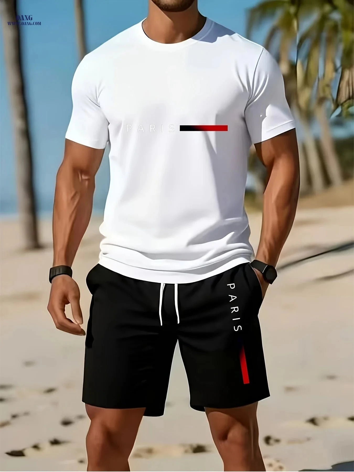 Men's Summer Short-Sleeve T-Shirt Sports Set - Casual Print Design   OAXG Navy Color / FR S