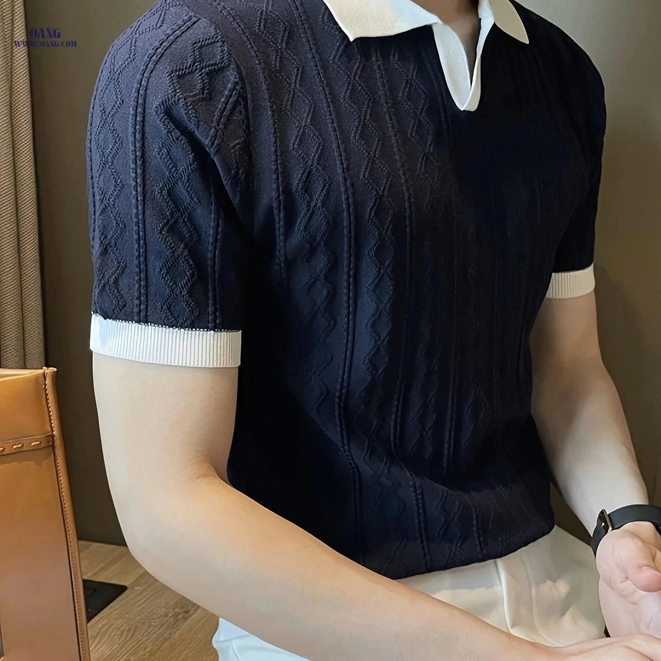 Men's Summer Slim Fit Knit Sweater - Lightweight Contrast Collar Pullover   OAXG 