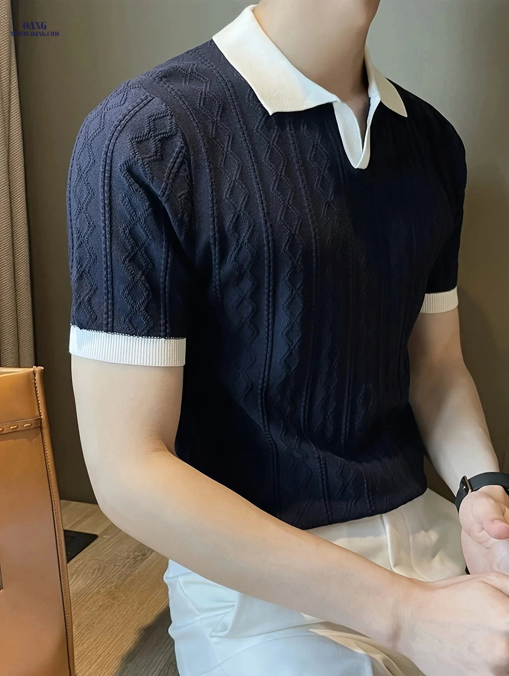 Men's Summer Slim Fit Knit Sweater - Lightweight Contrast Collar Pullover   OAXG 