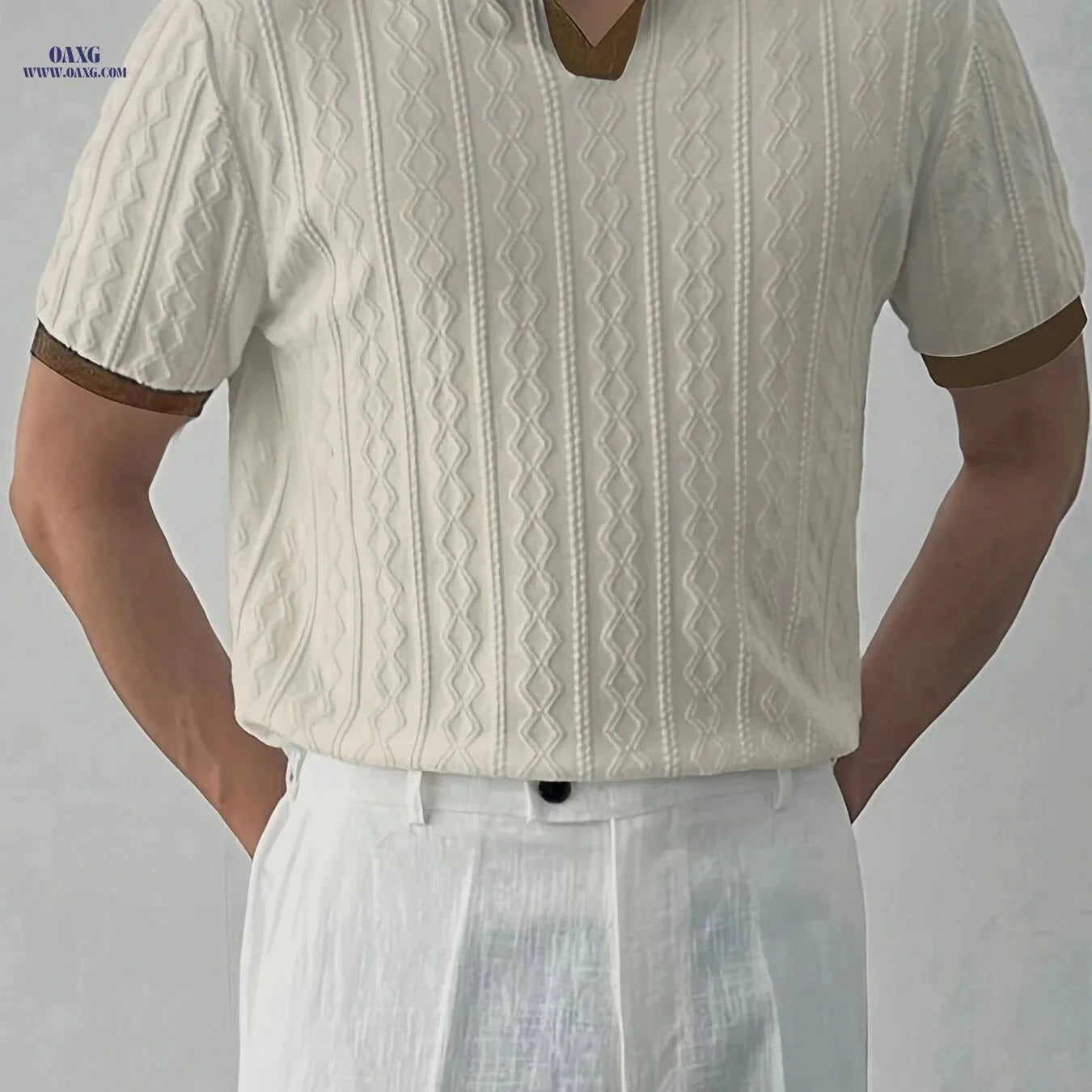 Men's Summer Slim Fit Knit Sweater - Lightweight Contrast Collar Pullover   OAXG White / FR XS