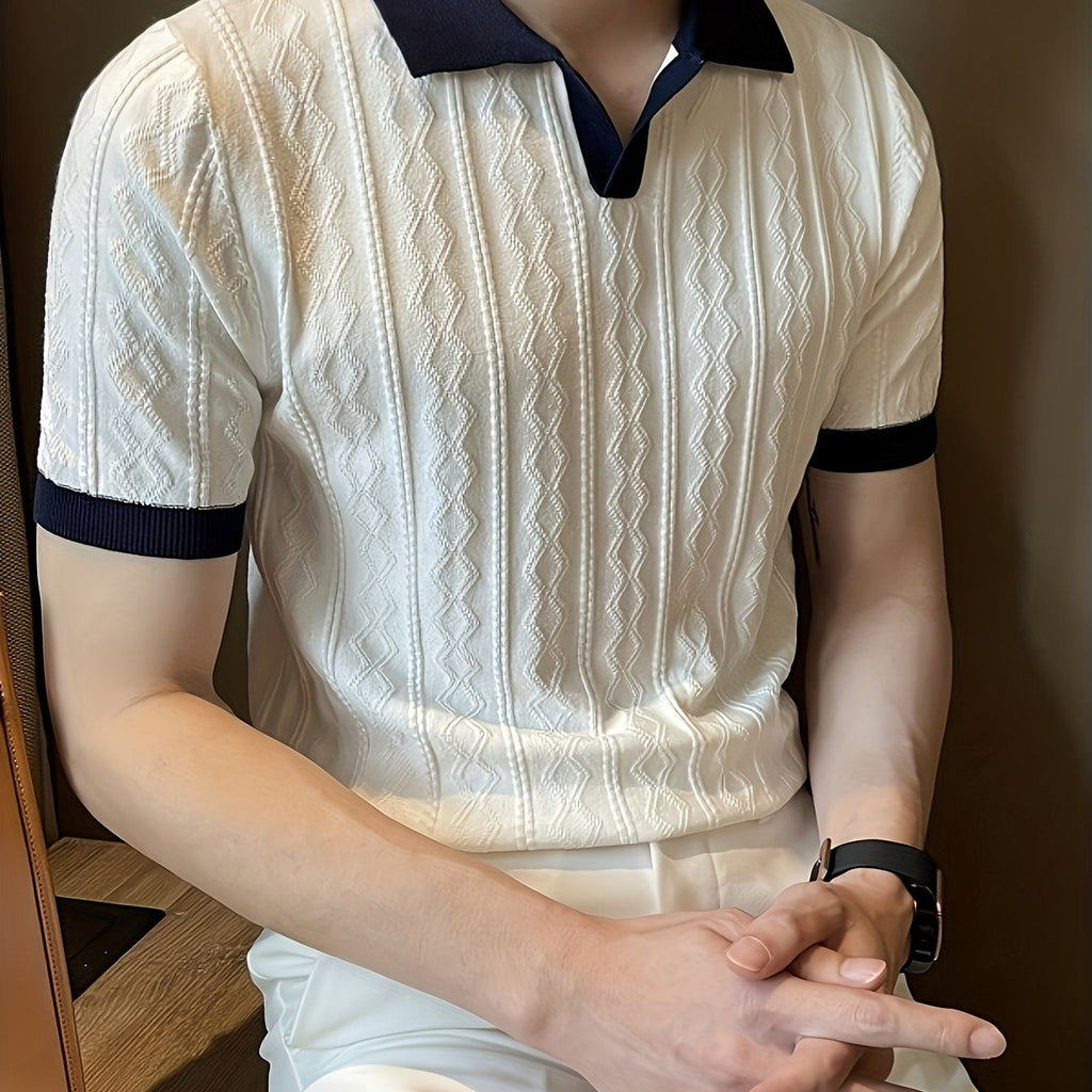 Men's Summer Slim Fit Knit Sweater - Lightweight Contrast Collar Pullover   OAXG White / FR XS