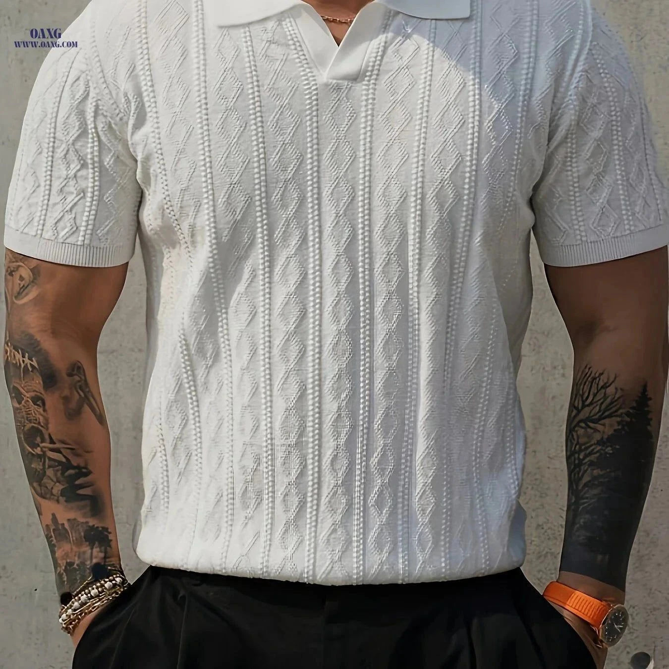 Men's Summer Slim Fit Knit Sweater - Lightweight Contrast Collar Pullover   OAXG White / FR XS