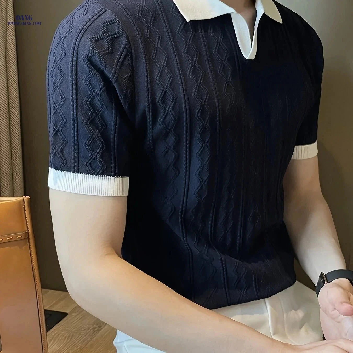 Men's Summer Slim Fit Knit Sweater - Lightweight Contrast Collar Pullover   OAXG White / FR XS
