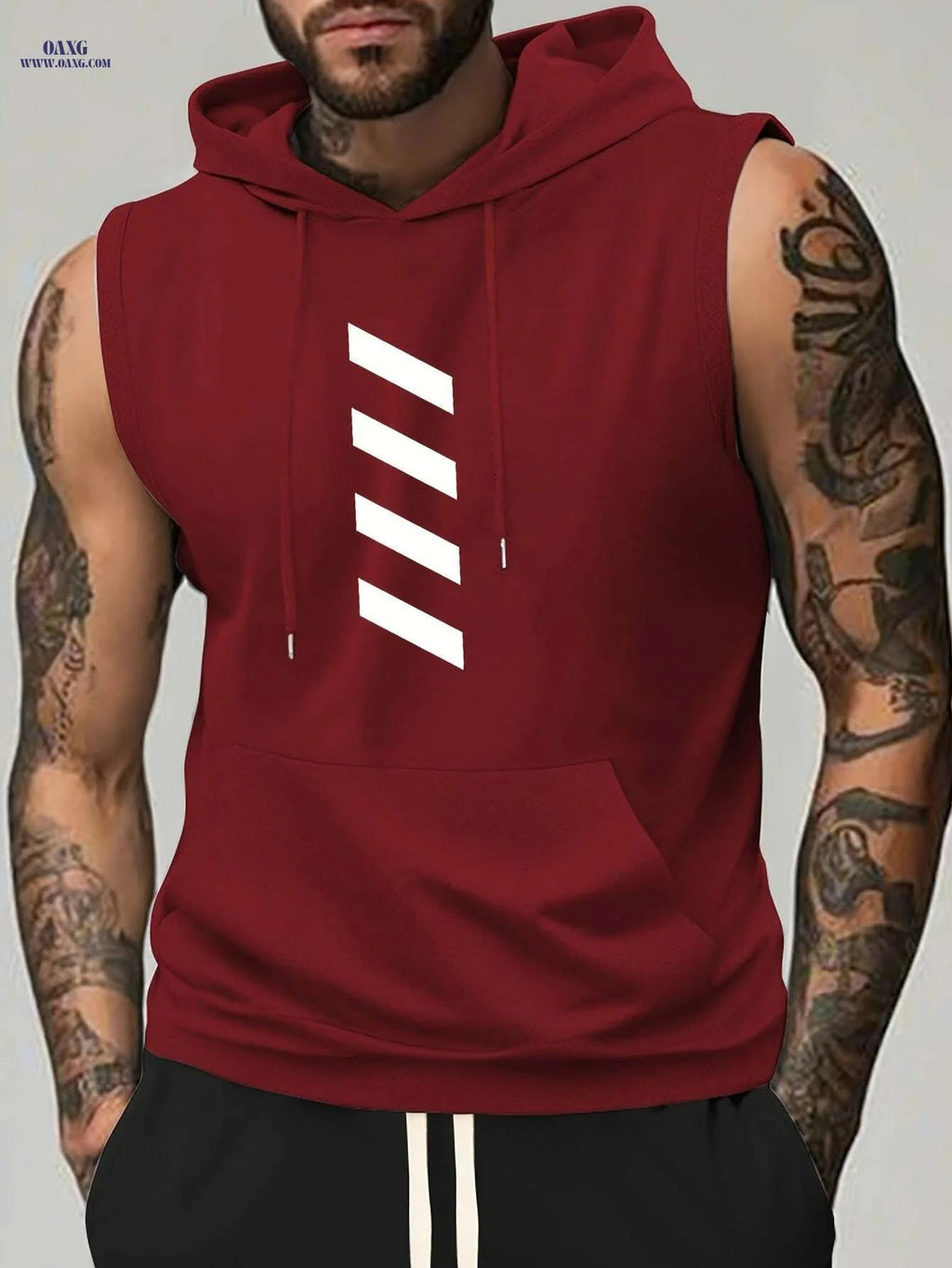 Men's Summer Sports Hooded Tank Top - Black Striped Gym Vest   OAXG 