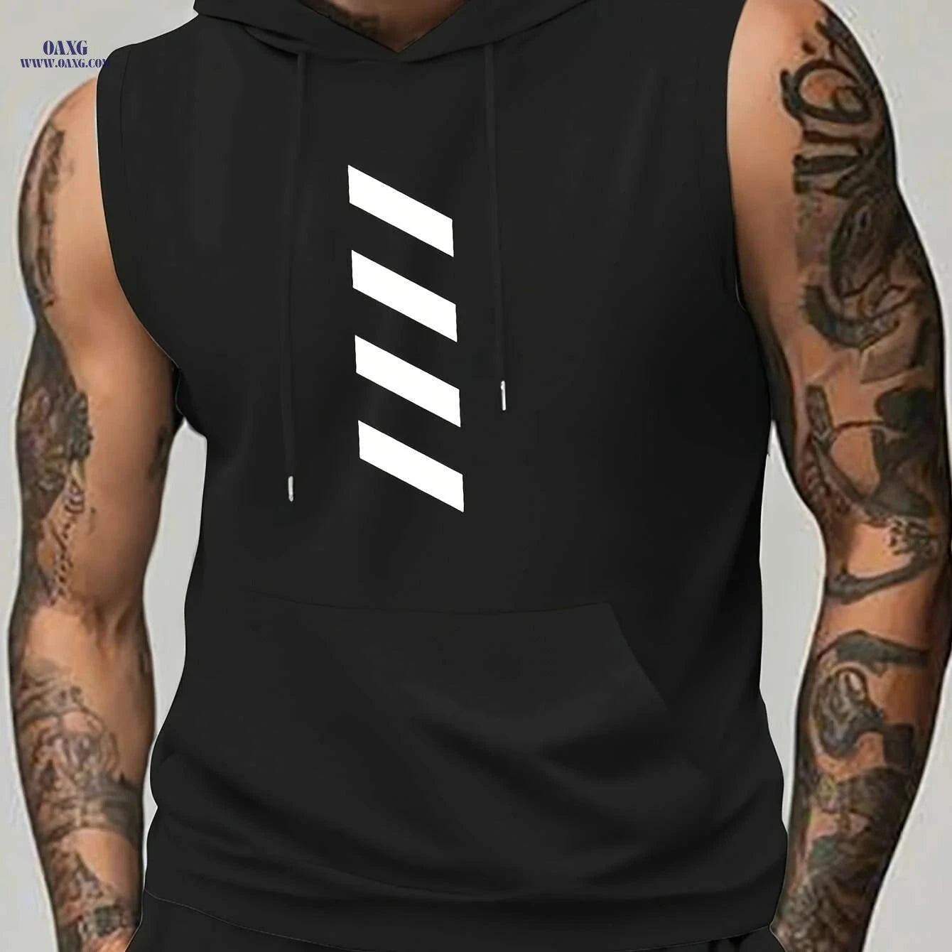 Men's Summer Sports Hooded Tank Top - Black Striped Gym Vest   OAXG 