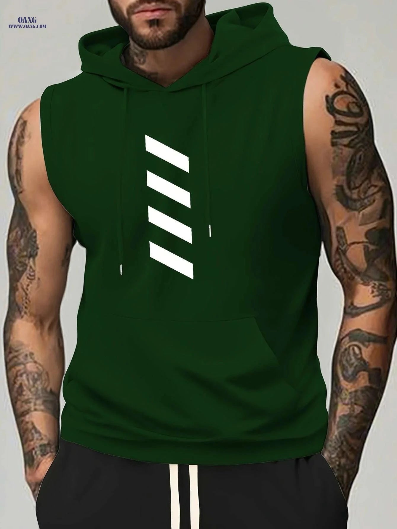 Men's Summer Sports Hooded Tank Top - Black Striped Gym Vest   OAXG Dark Green / S