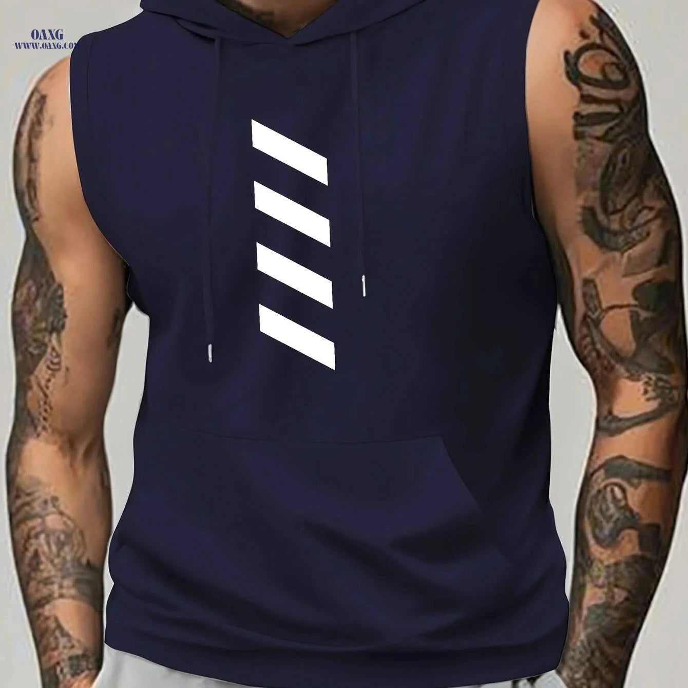 Men's Summer Sports Hooded Tank Top - Black Striped Gym Vest   OAXG Dark Green / S