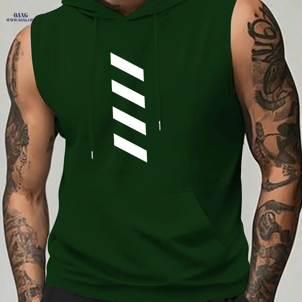 Men's Summer Sports Hooded Tank Top - Black Striped Gym Vest   OAXG Dark Green / S