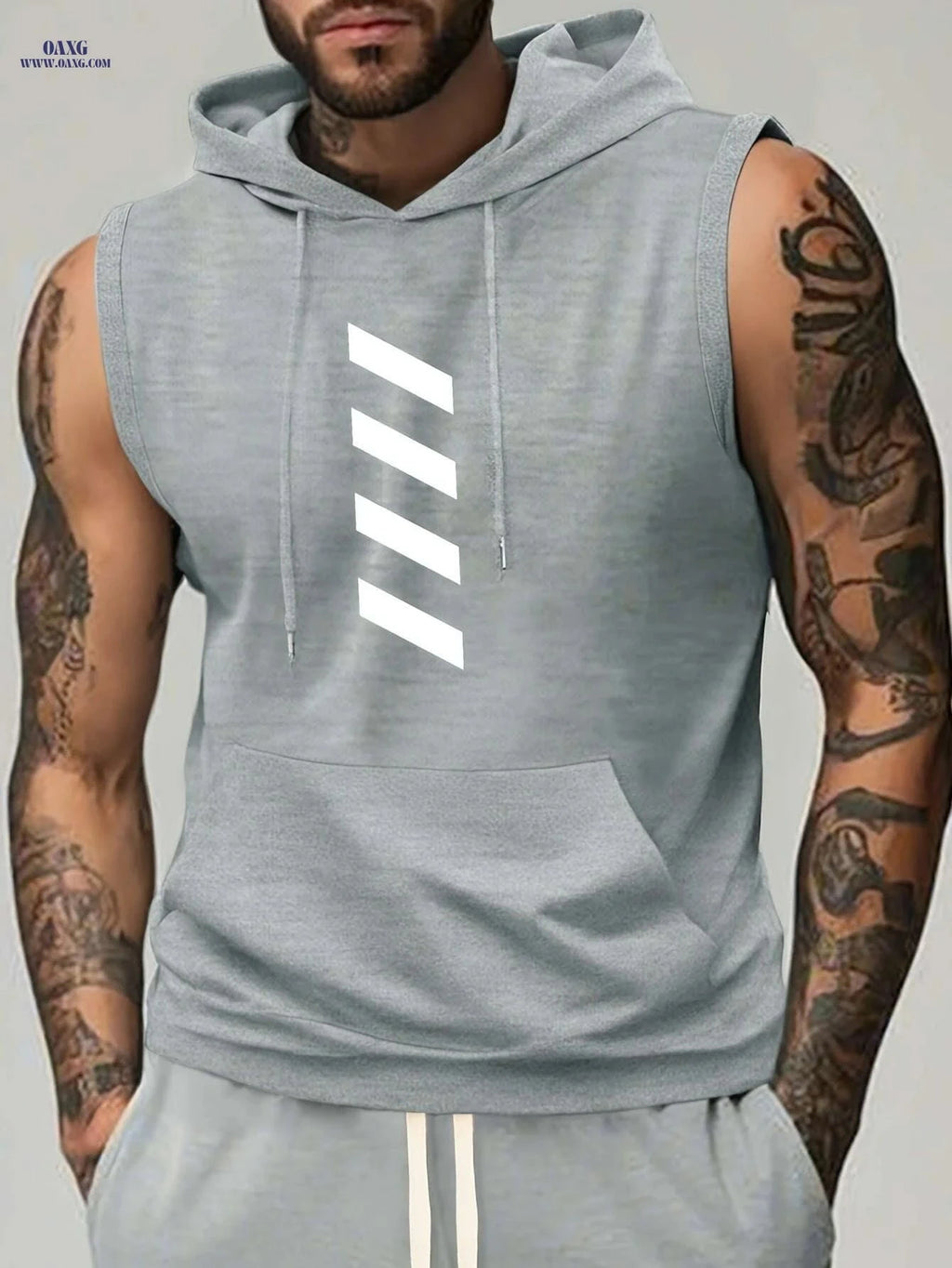 Men's Summer Sports Hooded Tank Top - Black Striped Gym Vest   OAXG Dark Green / S