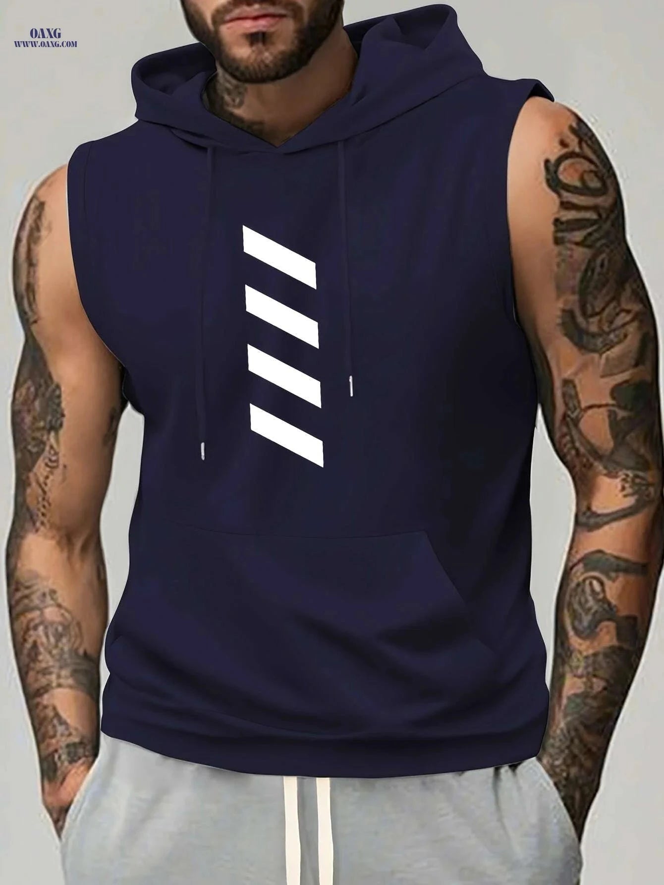 Men's Summer Sports Hooded Tank Top - Black Striped Gym Vest   OAXG 