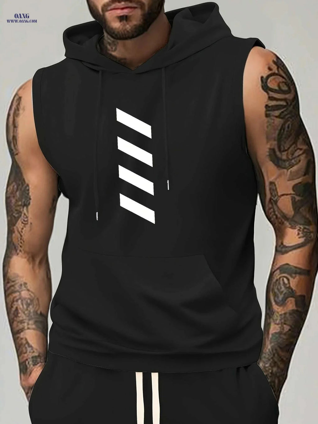 Men's Summer Sports Hooded Tank Top - Black Striped Gym Vest   OAXG 
