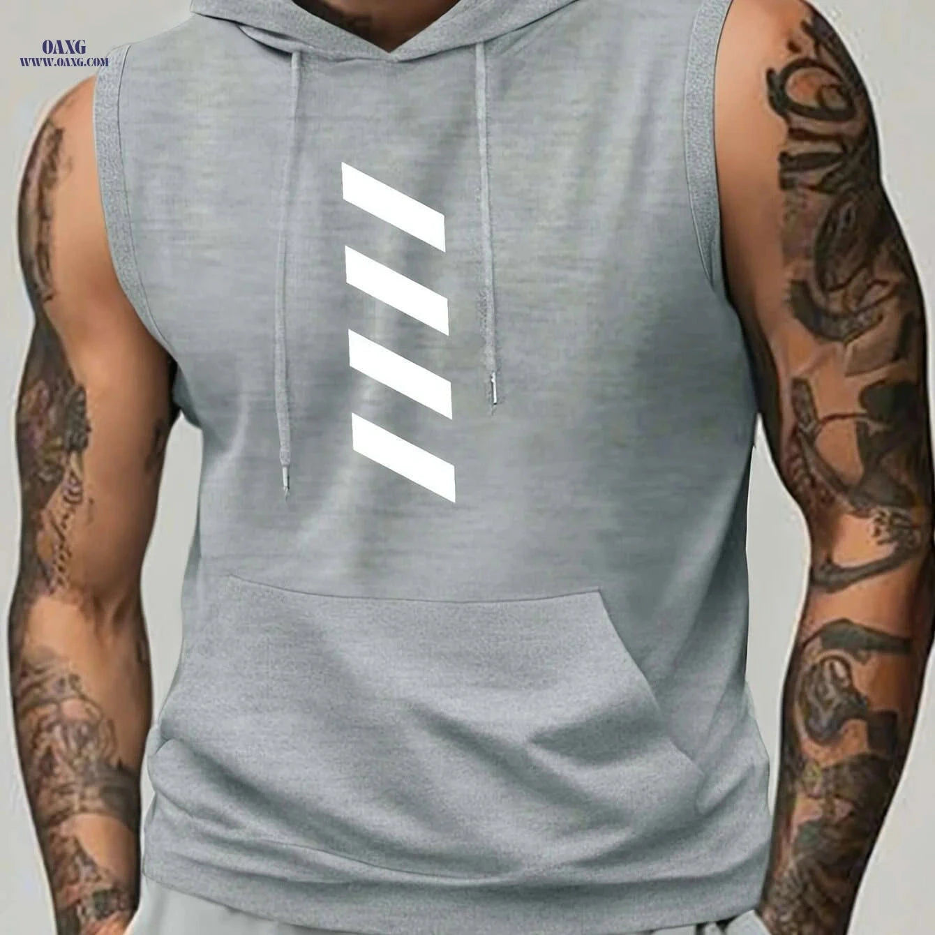 Men's Summer Sports Hooded Tank Top - Black Striped Gym Vest   OAXG 