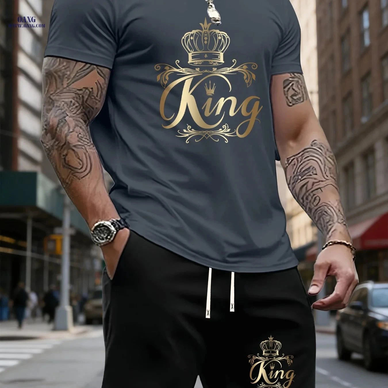 Men's Summer Sports Two-Piece Set - Stylish Crown Pattern Outfit   OAXG White & Black / FR S