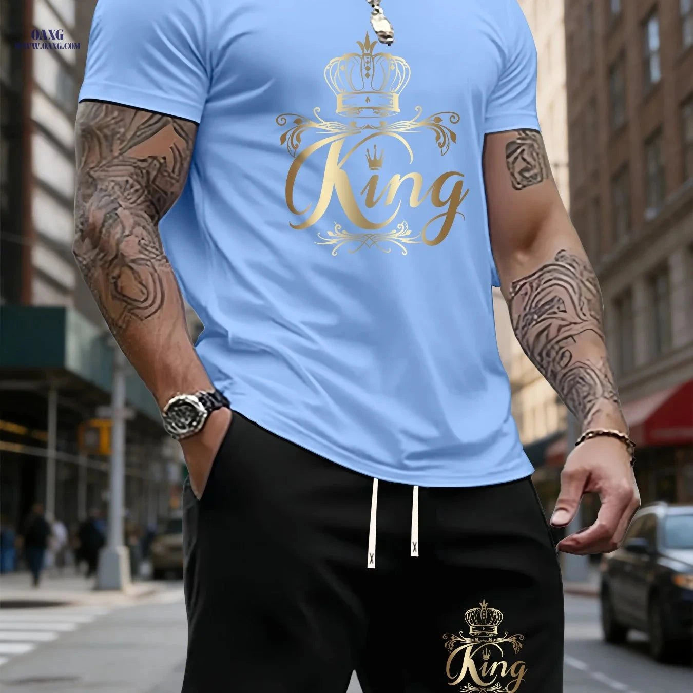 Men's Summer Sports Two-Piece Set - Stylish Crown Pattern Outfit   OAXG White & Black / FR S