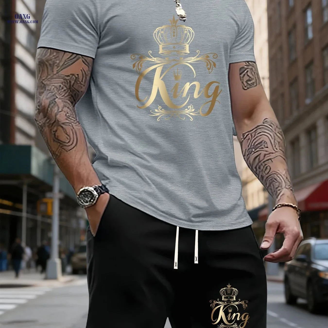 Men's Summer Sports Two-Piece Set - Stylish Crown Pattern Outfit   OAXG White & Black / FR S