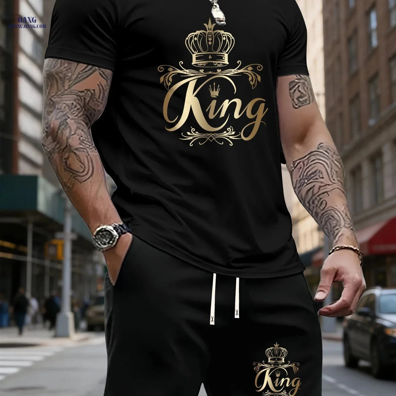 Men's Summer Sports Two-Piece Set - Stylish Crown Pattern Outfit   OAXG White & Black / FR S