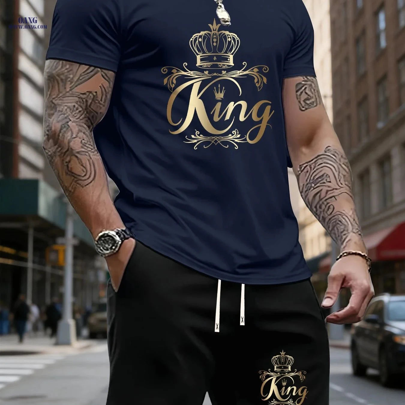 Men's Summer Sports Two-Piece Set - Stylish Crown Pattern Outfit   OAXG White & Black / FR S