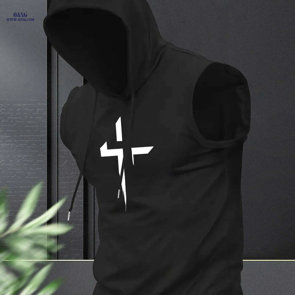 Men's Summer Sporty Hooded Tank Top - Geometric Print & Stretchy Fabric   OAXG Black / S