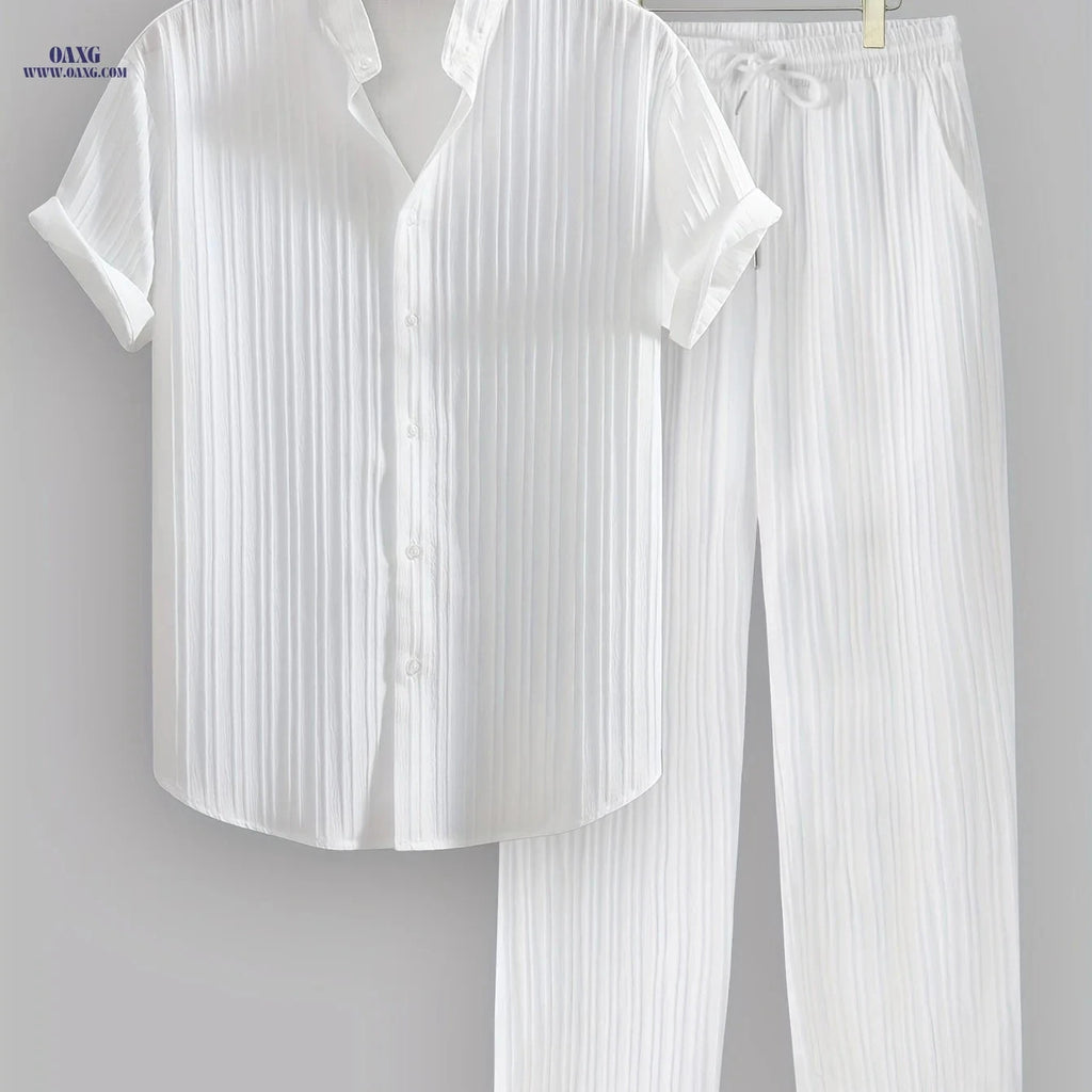 Men's Summer Striped 2-Piece Set - Casual Short Sleeve & Trousers   OAXG White / FR S