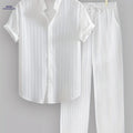 Men's Summer Striped 2-Piece Set - Casual Short Sleeve & Trousers   OAXG White / FR S