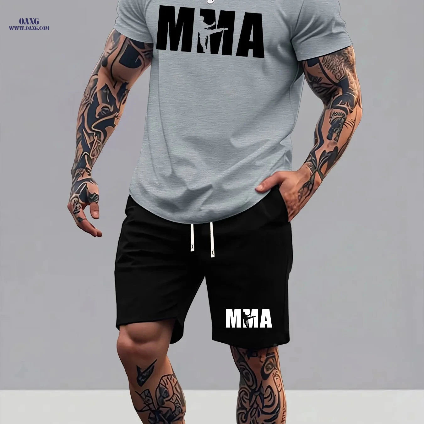 Men's Summer T-Shirt and Shorts Set - Trendy Graphic Sportswear   OAXG Apricot + Black / FR S
