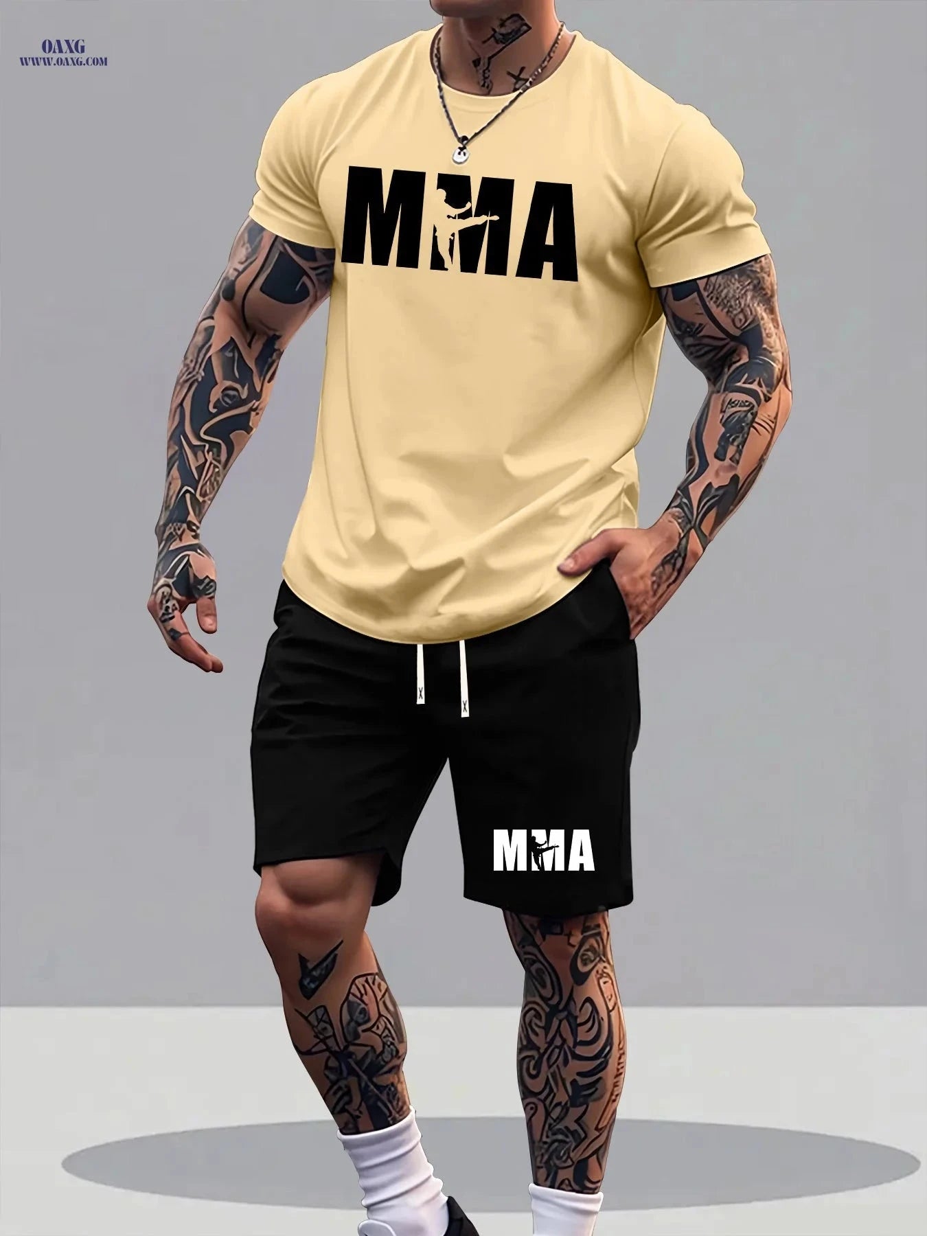 Men's Summer T-Shirt and Shorts Set - Trendy Graphic Sportswear   OAXG Apricot + Black / FR S