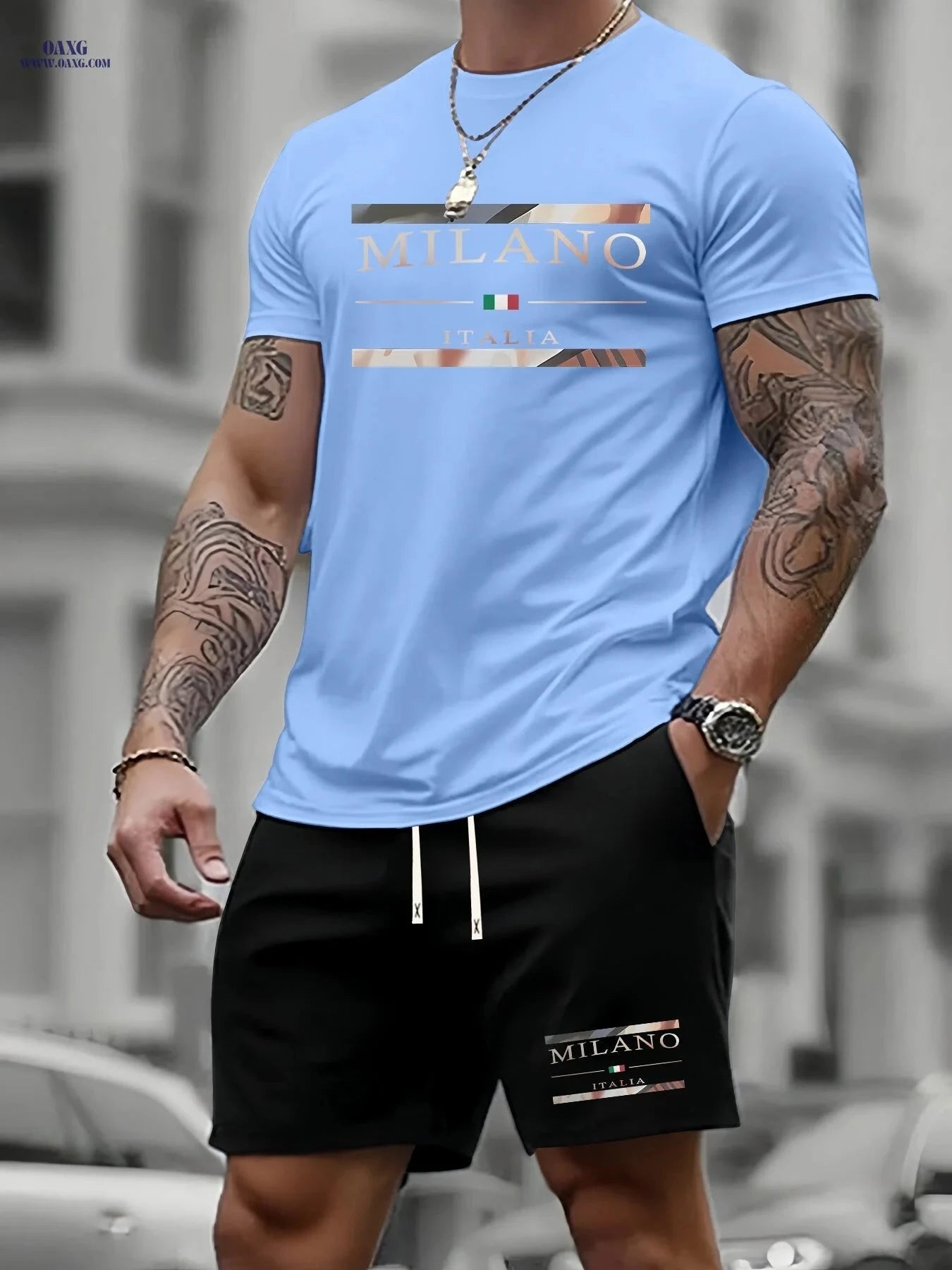 Men's Summer T-Shirt Set - Casual Milan Print Sportswear Outfit   OAXG 