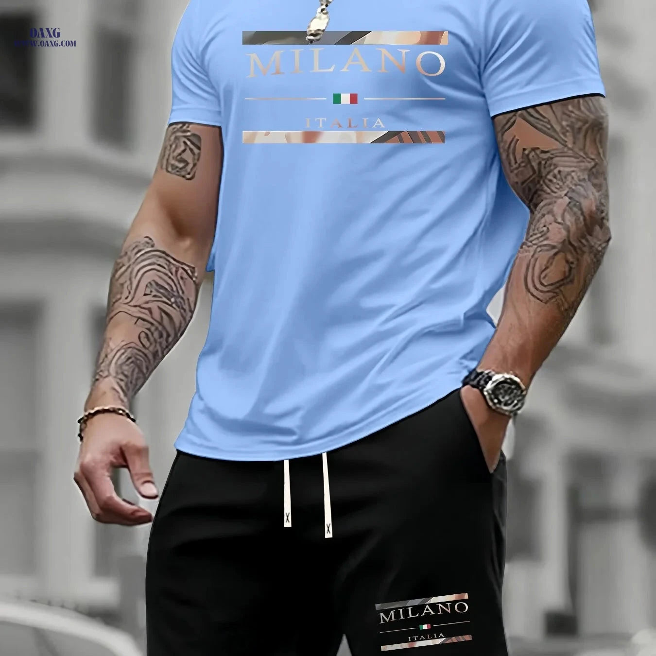 Men's Summer T-Shirt Set - Casual Milan Print Sportswear Outfit   OAXG 