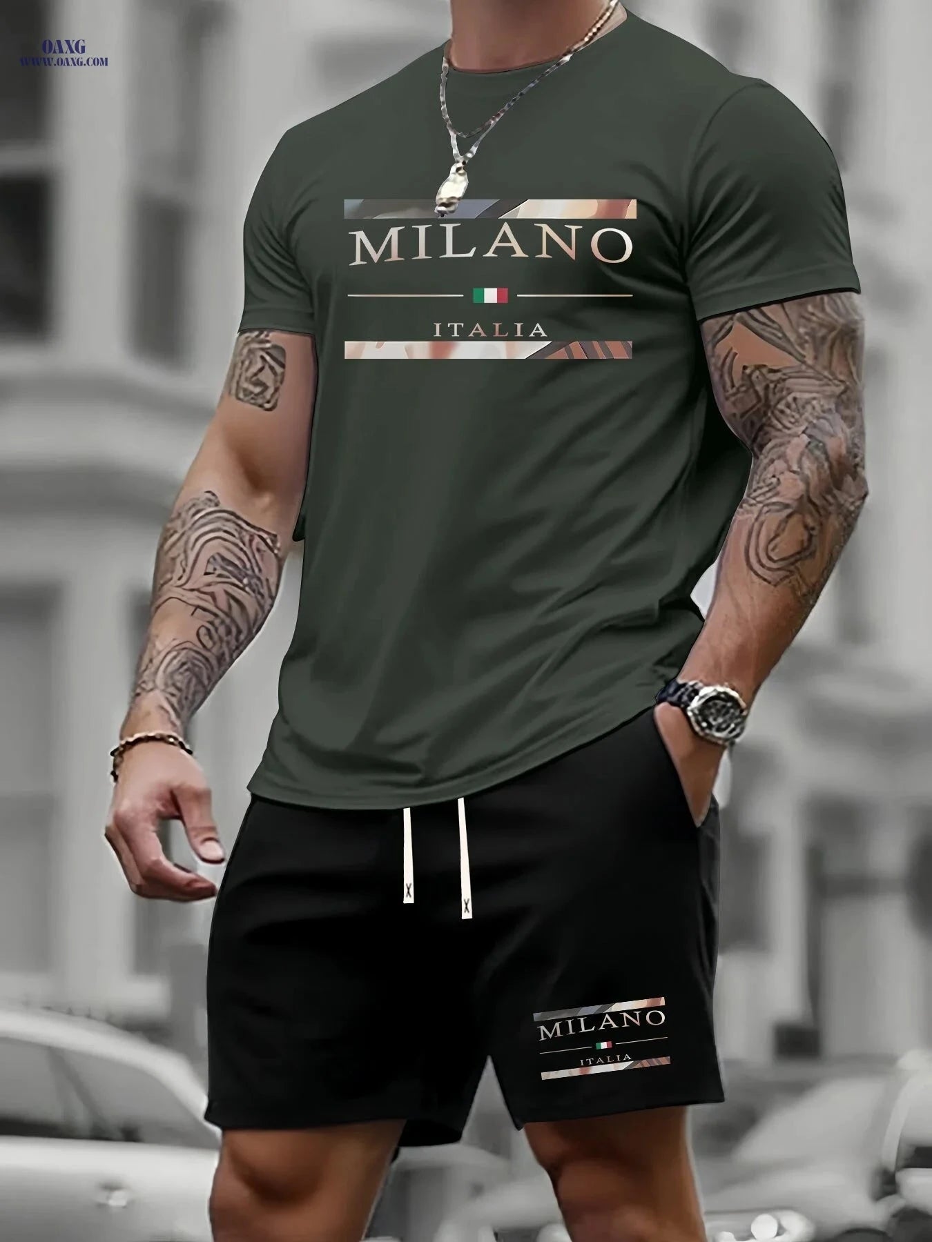 Men's Summer T-Shirt Set - Casual Milan Print Sportswear Outfit   OAXG White+black / FR S