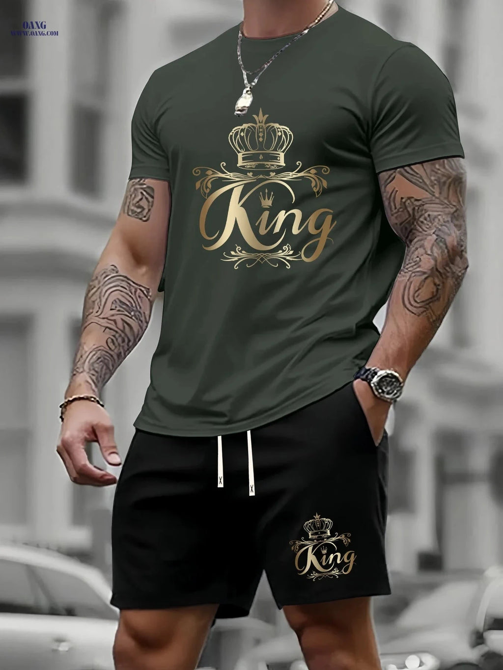 Men's Summer Two-Piece Set - Casual KING Print Sports Outfit   OAXG 