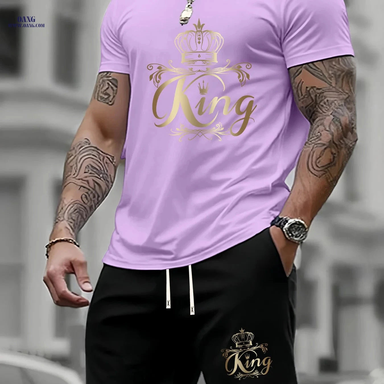 Men's Summer Two-Piece Set - Casual KING Print Sports Outfit   OAXG 