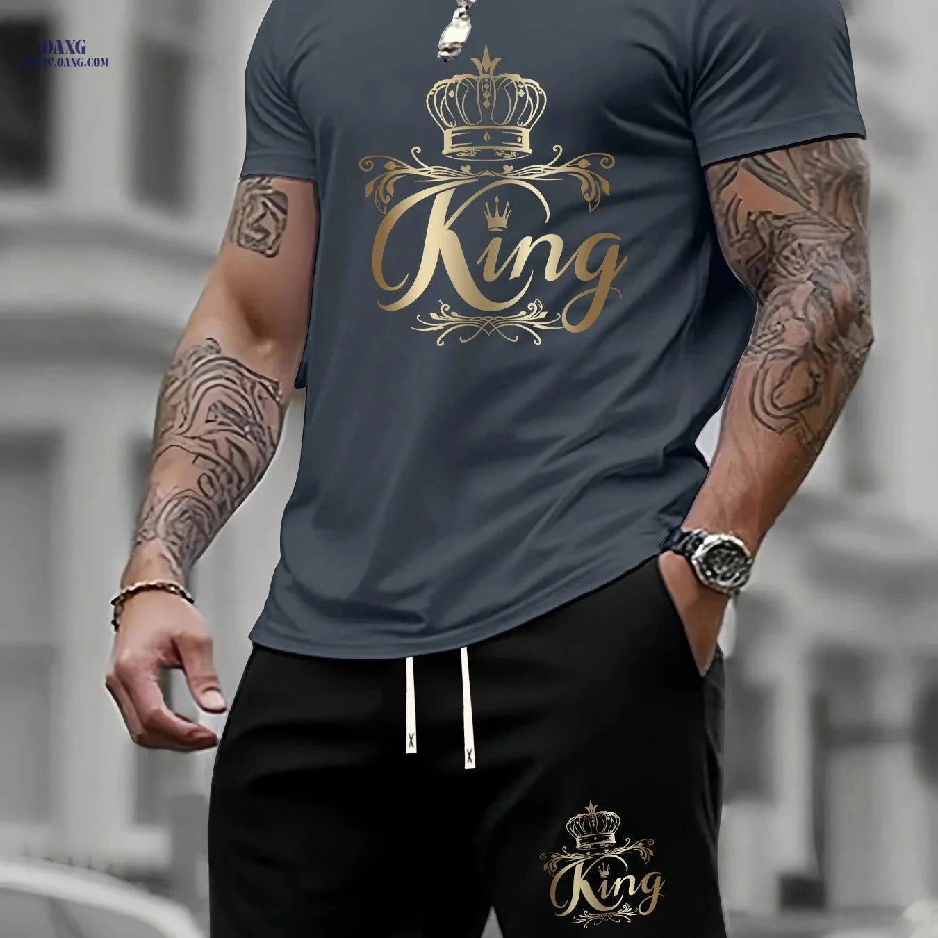 Men's Summer Two-Piece Set - Casual KING Print Sports Outfit   OAXG 