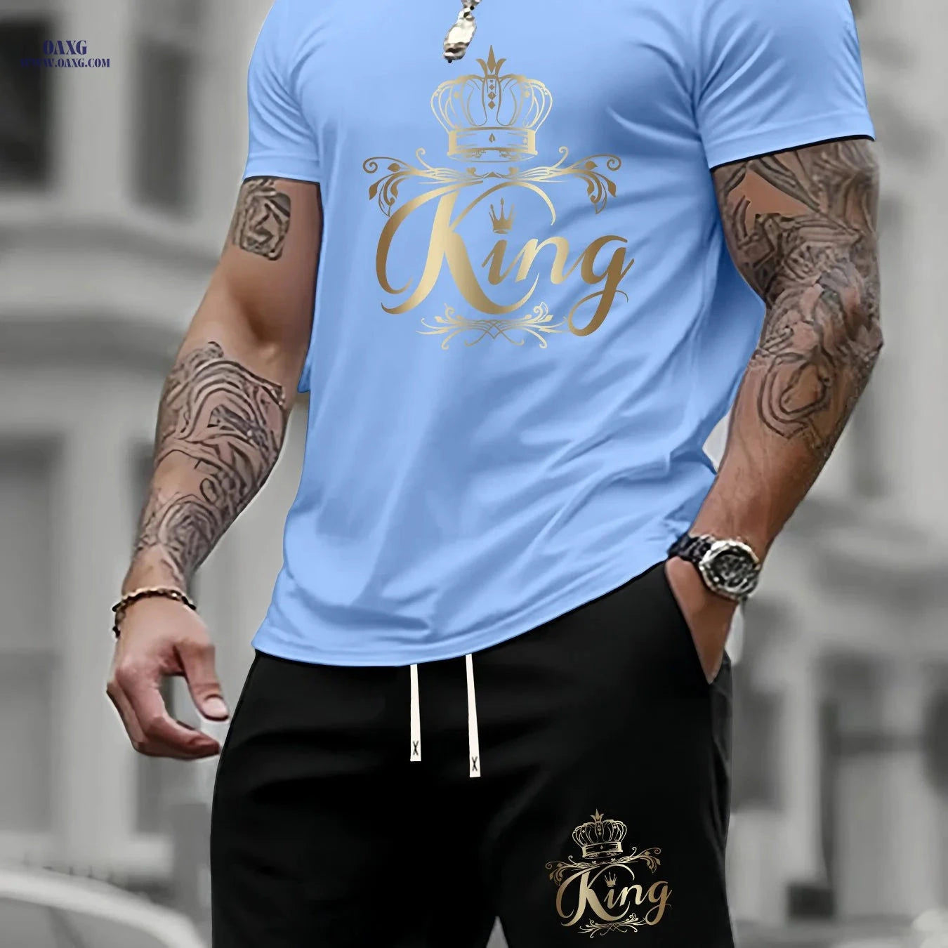 Men's Summer Two-Piece Set - Casual KING Print Sports Outfit   OAXG 