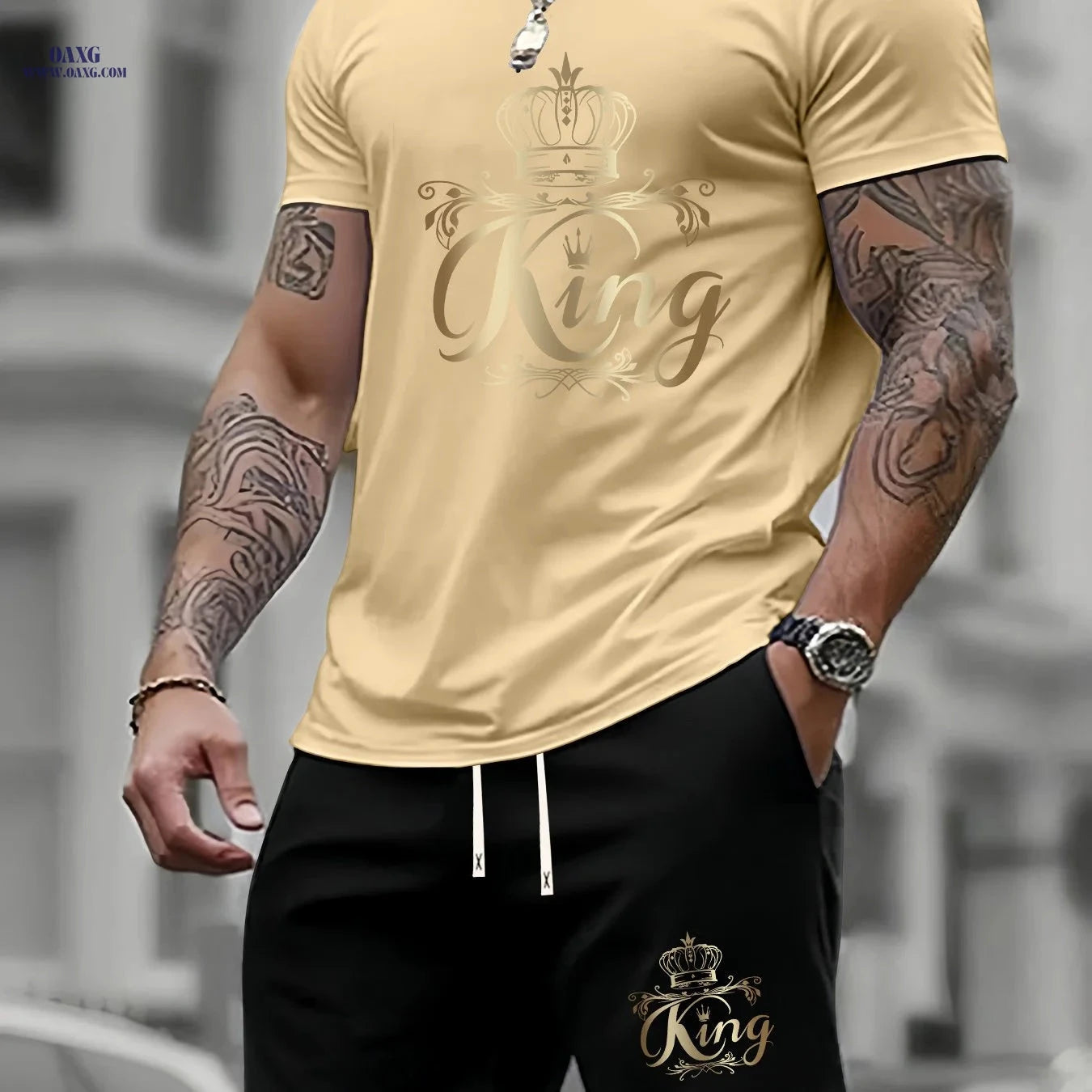 Men's Summer Two-Piece Set - Casual KING Print Sports Outfit   OAXG 