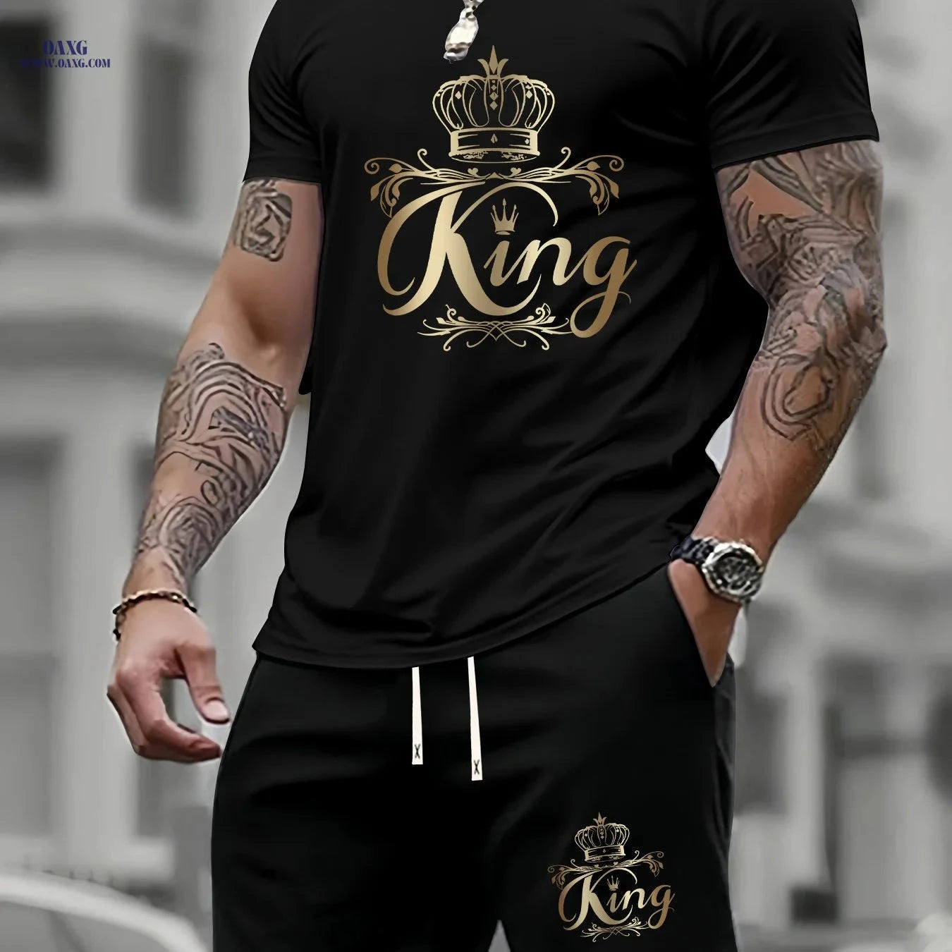Men's Summer Two-Piece Set - Casual KING Print Sports Outfit   OAXG 
