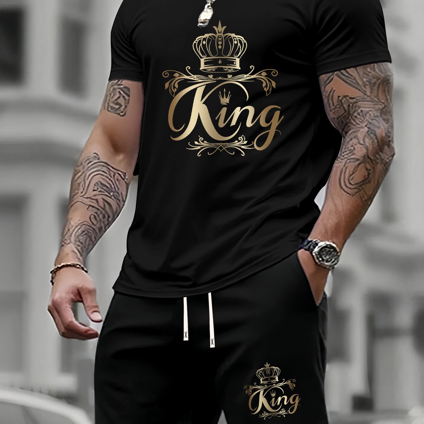 Men's Summer Two-Piece Set - Casual KING Print Sports Outfit   OAXG 