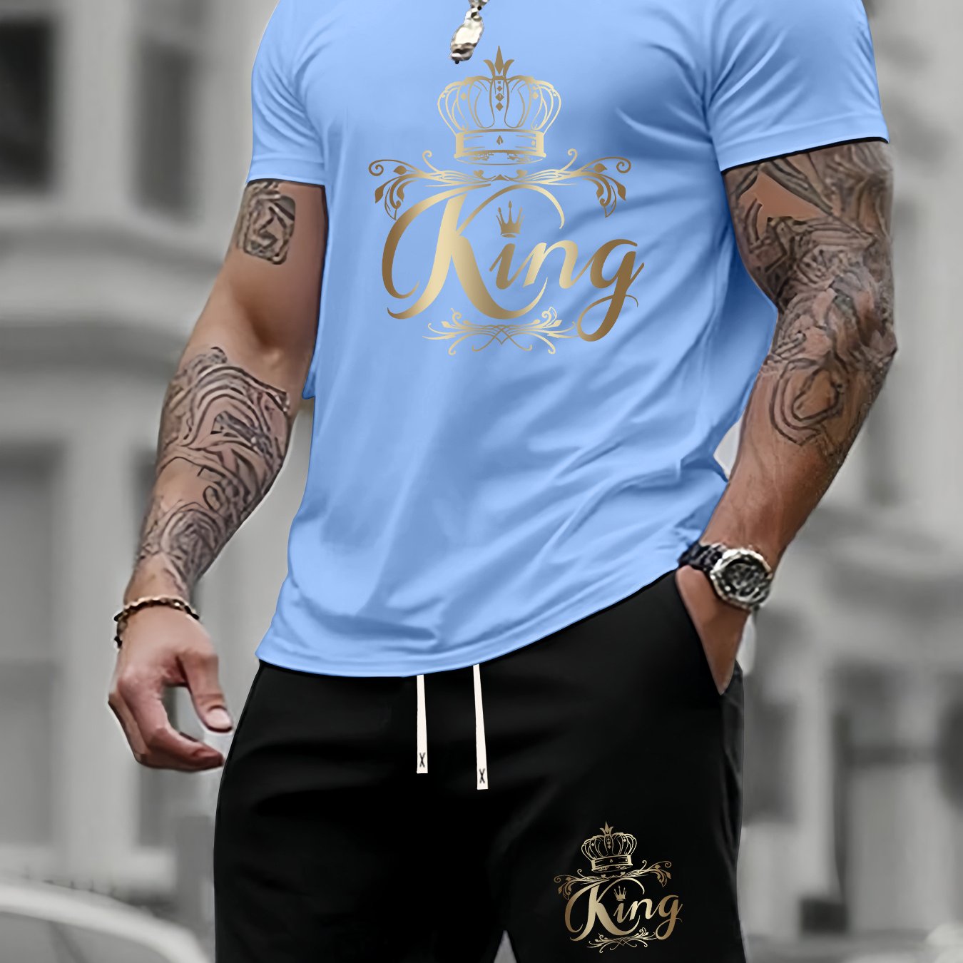Men's Summer Two-Piece Set - Casual KING Print Sports Outfit   OAXG 